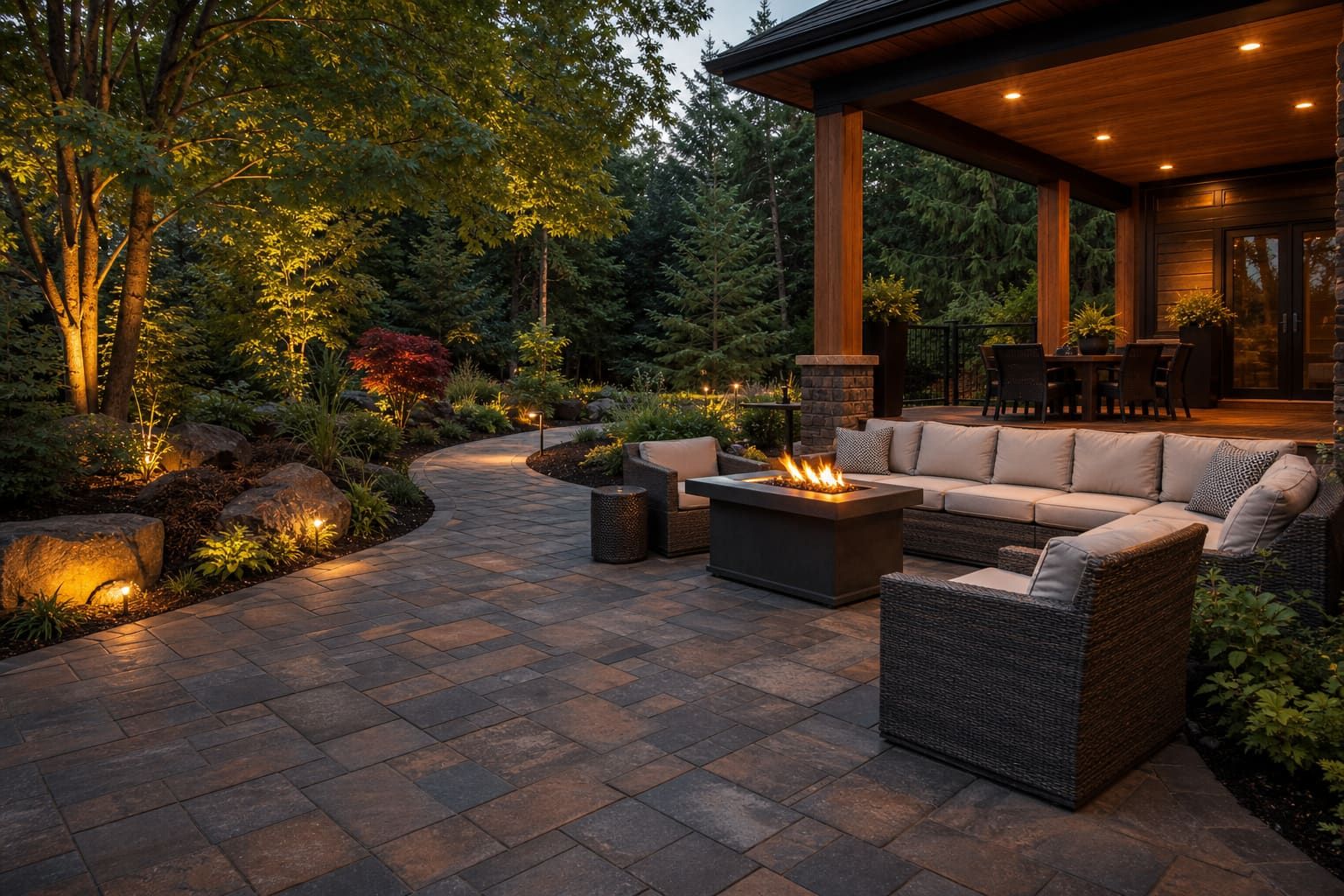 Interlock patio and walkway with warm stone tones