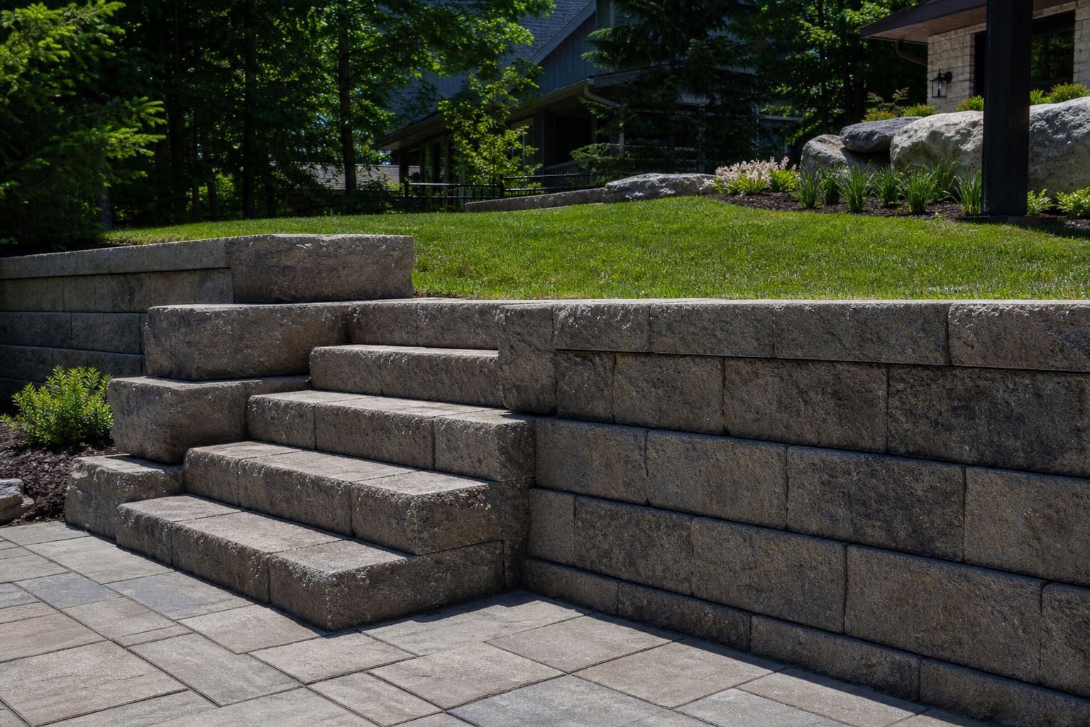 Retaining wall and interlock steps